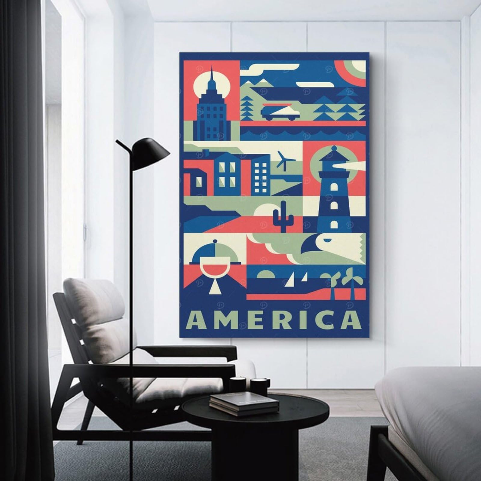 Junmoney Wall Art Print America Geometric Travel, 24x36inch(60x90cm), for Contemporary Homes, Apartments Or Offices, An Easy Choice for New Home Styling
