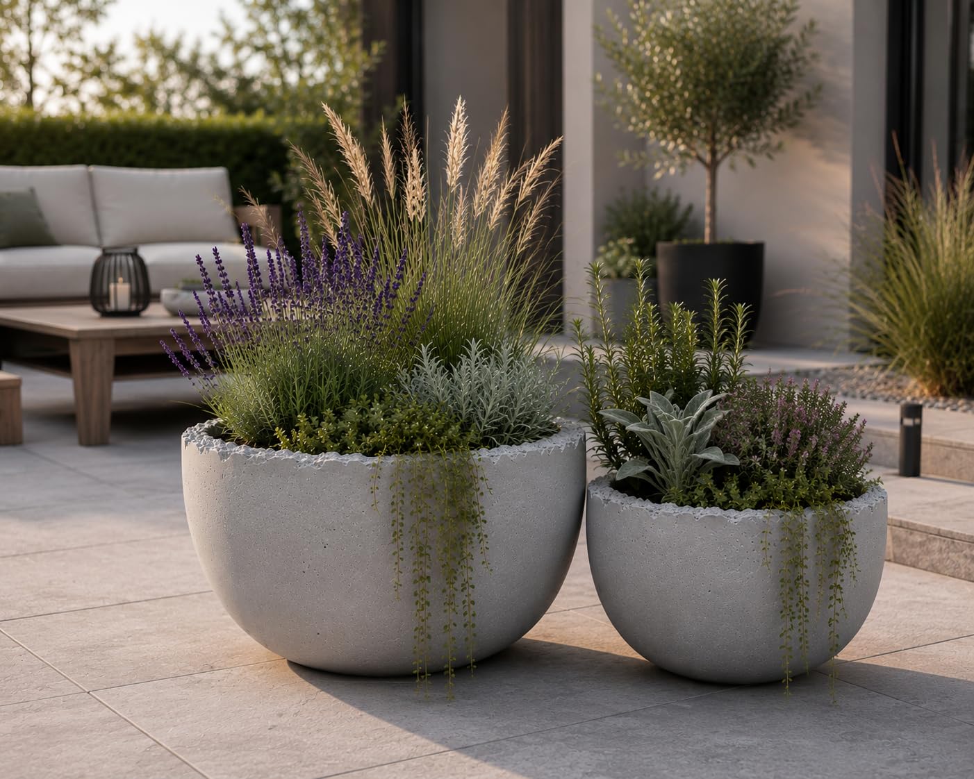 Beton Pflanzschale Rund Pflanzgefäß Blumenschale Pflanzkübel Betonschale Garten Terrasse Sparset (2er Set Ø31 cm + Ø39 cm)