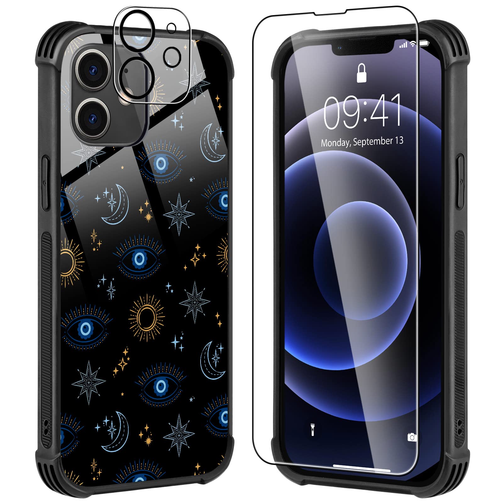 iPhone 12 Case 6.1 Inch with Screen Protector & Camera Protector [3-in-1], Evil Eyes Black Non-Slip Edge Slim Light Durable Shockproof Drop Protection Flexible Bumper Hybrid Cover for Women & Girls