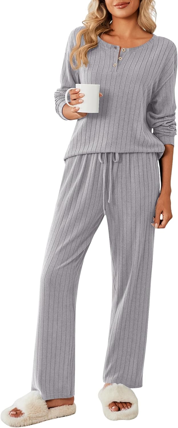 Ekouaer Womens Pajamas Set 2 Piece Lounge Sets Ribbed Knit Button Down Pjs Set Fleece Long Sleeve Sleepwear