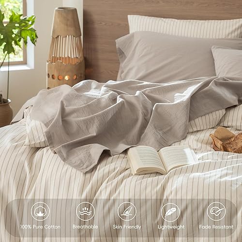 Miniatura 4 de MooMee - Juego de sábanas 100% algodón lavado, textura parecida al lino, transpirable, duradero, suave y cómodo (color gris crema, tamaño king)