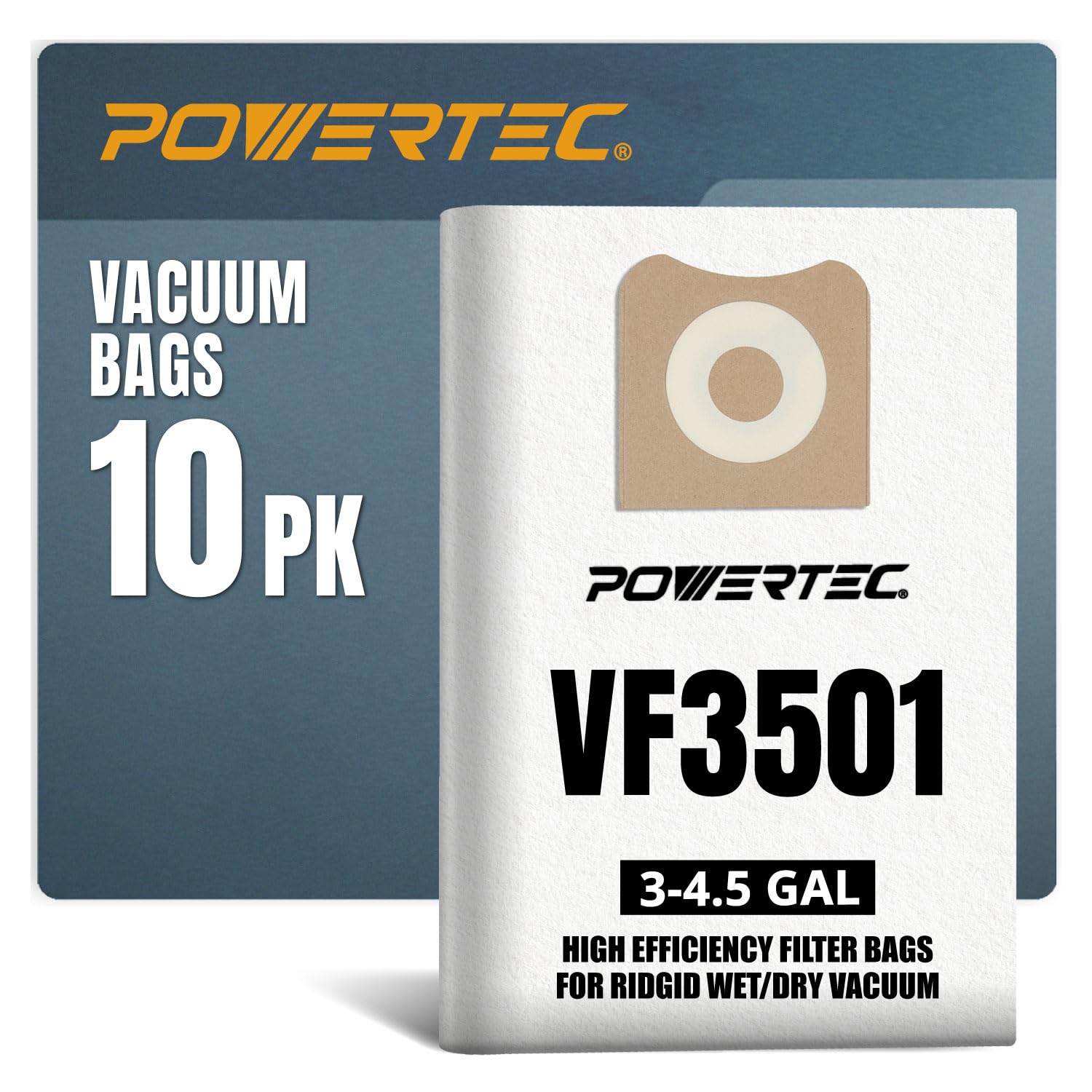 POWERTEC VF3501 Size C Shop Vac Bags for Ridgid 10 Pack, 3-4.5 Gal. 23738 Vacuum Bags for Ridgid 4000RV, WD40700 Wet Dry Vac (75017-P2)