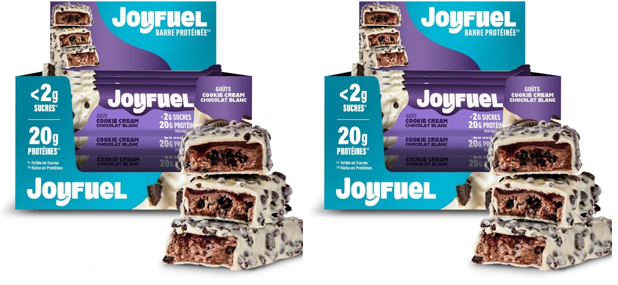 JOYFUEL Barre Protéinée - Goûts Chocolat Blanc & Cookie & Cream - <2g de sucre - 20g de protéines - Boîte de 12 barres X 55g (Lot de 2)