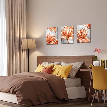 KREATIVE ARTS Canvas Set of 3 Wall Art Flower Triptych Artwork Modern Gray Orange Floral Picture Painting Elegant Blossom Navy Bouquet Artwork Botanical Prints for Bedroom Bathroom Guest Room Home