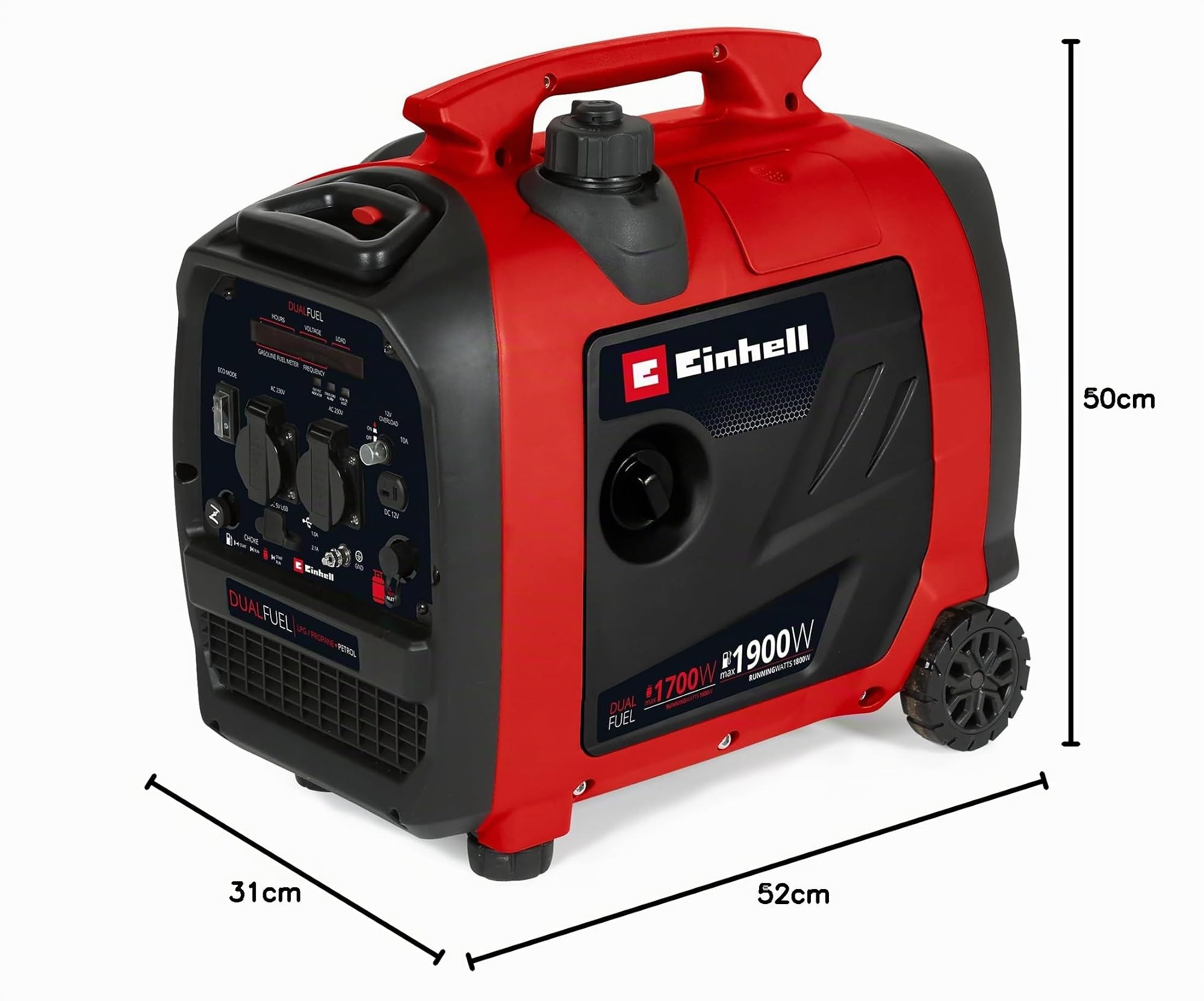 Einhell Generatore (benzina/gas) TE-IG 1900 DF (potenza continua 1800/1600 W, potenza picco 1900/1700 W, serbatoio 4,2 l, inverter, motore 4 tempi, 2 prese 230V, 2 prese USB, 1 presa 12V)