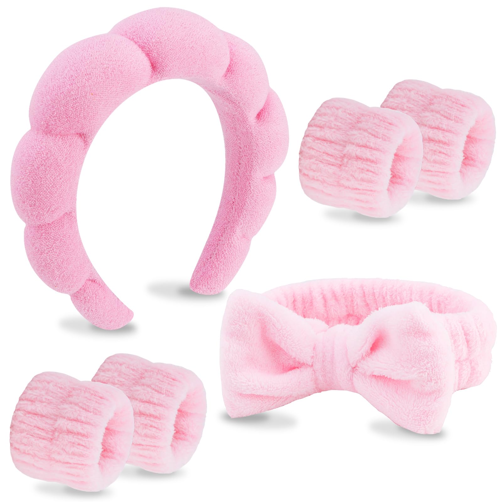 VELSCRUN 6 Pack Spa Headband, Makeup Headband, Face Wash Headbands, Skincare Headbands, Pink Sponge Hair Band Bow Tie Spa Head Band for Washing Face Wristband Set Hair Accessories for Women Girls