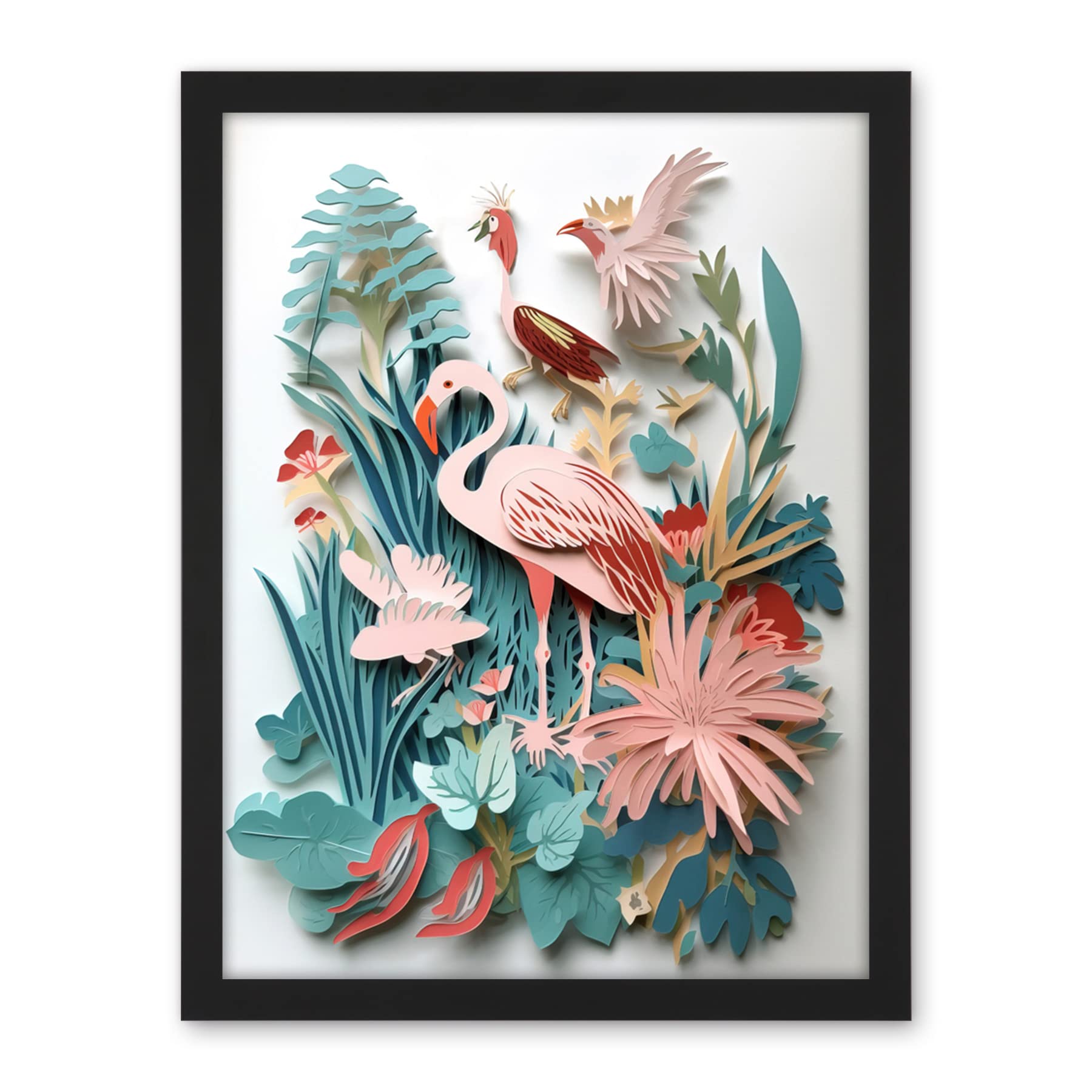 Artery8 Tropical Plants And Birds Multi-Dimensional Paper Kirigami Art Print Artwork Framed Wall Art Print 18X24 Inch