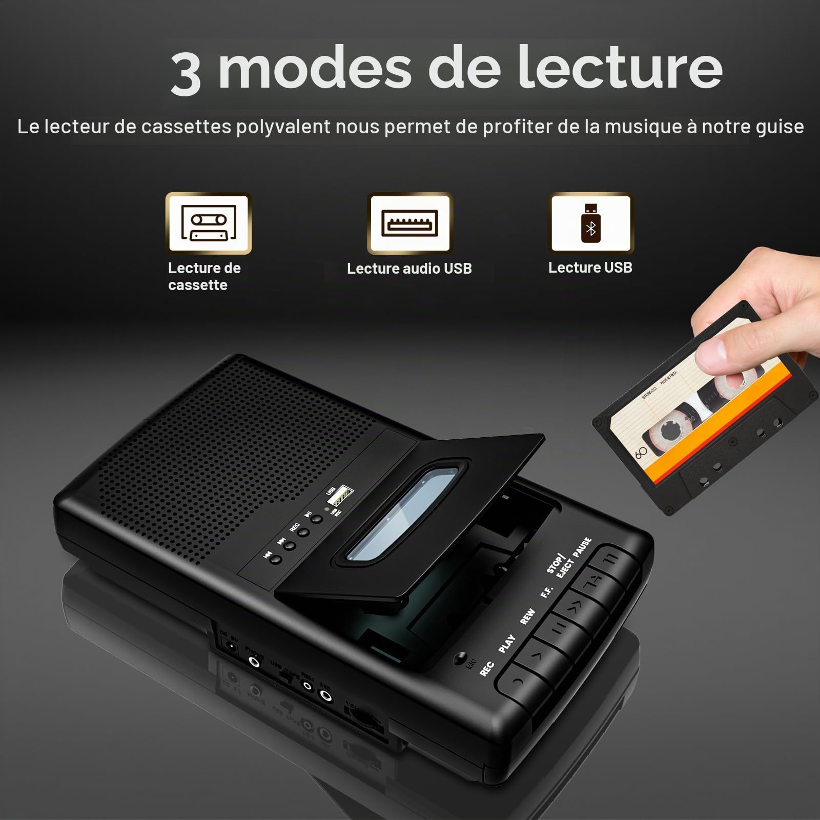 Lecteur Cassette Portable,Enregistreur de Cassettes,Convertisseur Numérique de Cassettes vers Disque Flash USB, Haut-Parleur Intégré, Poignée Rétractable