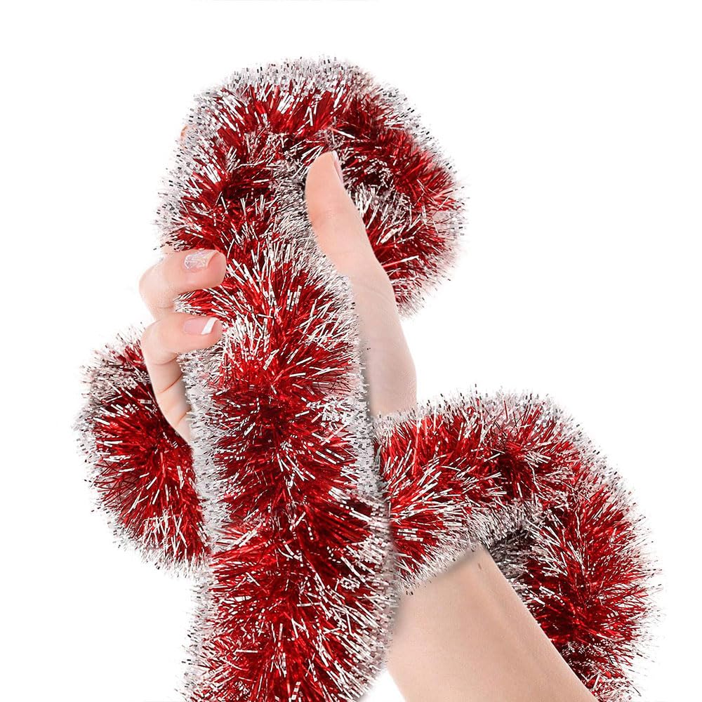 Odot 3Pcs Christmas Tinsel, 5M Xmas Shiny Tinsel Garland for Christmas Decorations, Xmas Tree, Wedding, Table Centerpiece, Fireplace, Stairs, Wreath, Doorway, New Year (Red White,5m)