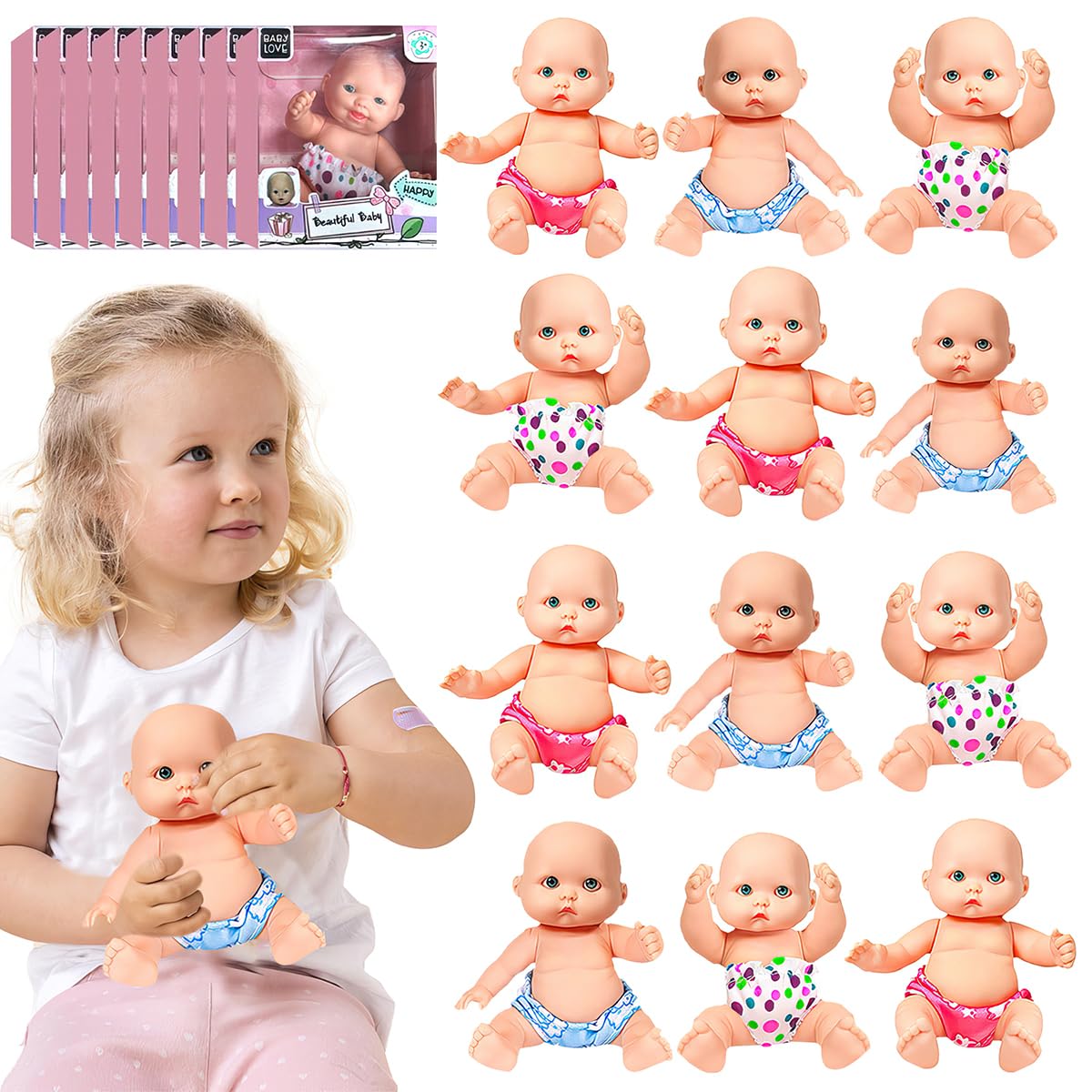 Xwin Mini Reborn Baby Dolls - 4 in (Pack of 12) Realistic Silicone Baby Doll with Moveable Joints, Waterproof Baby Doll Gift Set with Nappy Pants and Display Box Packaging