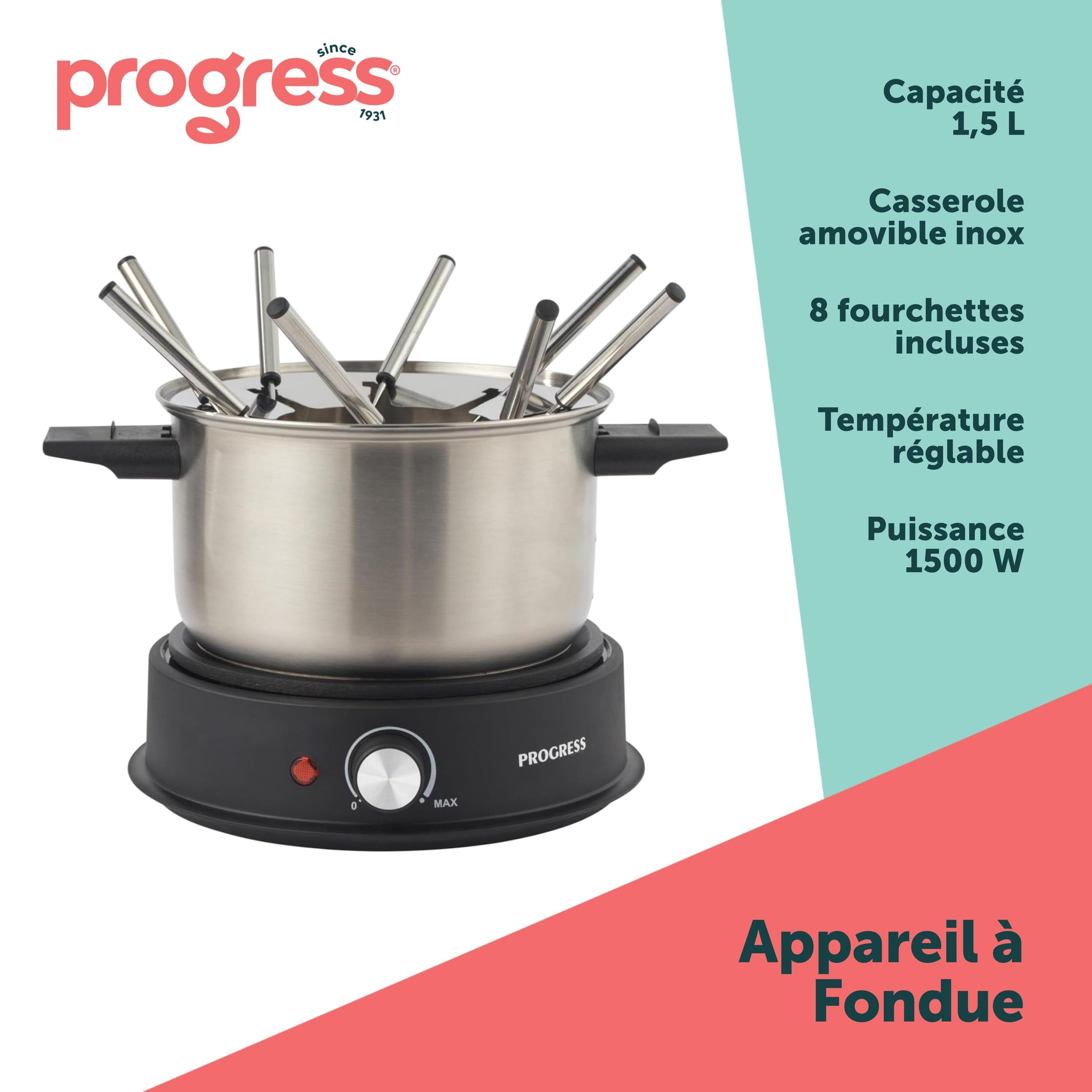 Progress Electric Fondue Maker – Comprend 8 fourchettes en acier inoxydable et pot amovible, capacité de 1,5 litre, contrôle de température réglable, voyants lumineux d'alimentation, 1500W