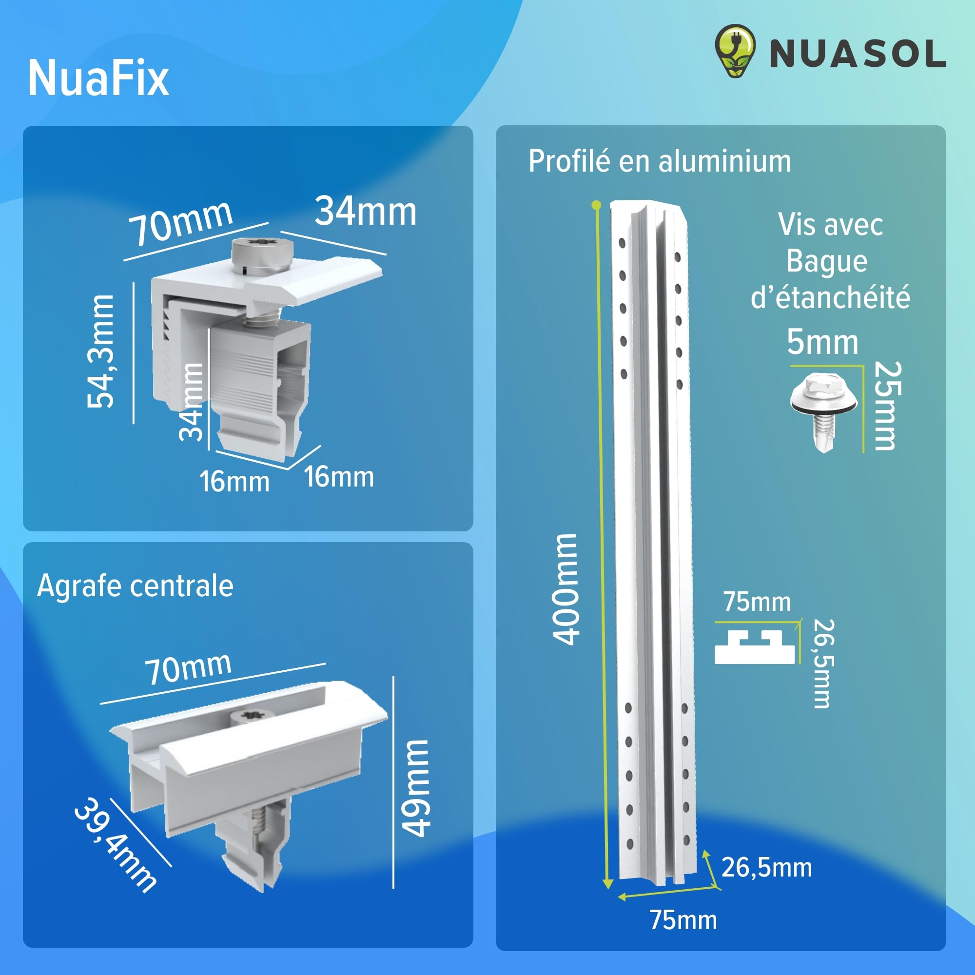 Kit de montage photovoltaïque pour toit en tôle trapézoïdale | Fixation pour 2 modules | Profil T 40 cm | Support avec pince d'extrémité et centrale, et vis