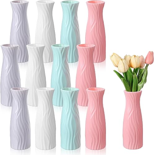 12 Pack Plastic Flower Vase Bulk,7.87" Tall 4 Color Conic White Vases,Unbreakable Vase Floral Vases for Table Centerpieces, Bouquets, Home Decor, Living Room