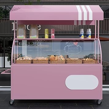 Mobile Food Cart Vendor with Wheels Heavy Duty, Creative Iron Market Stall with Sunshade Canopy and Storage Box for Selling Snacks/Sweets/ToysPink