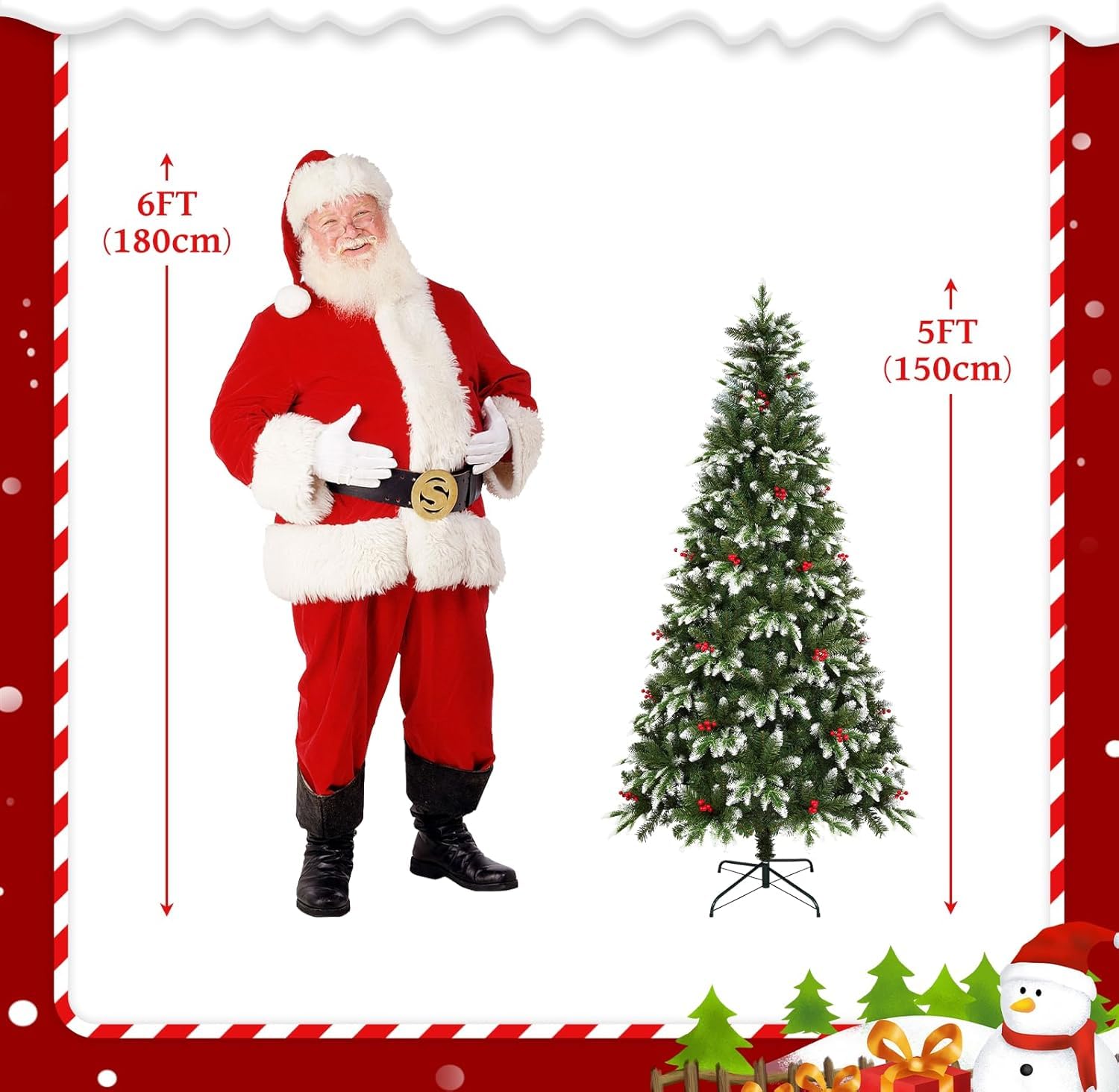 Uten Sapin de Noël Artificiel 150 cm, PE Arbre Noël Flocon Neige Luxe Décoration Intérieur, 500 Aspect Naturel Branches en PVC & PE, 23 Groupes Baies Rouges, Branches de Charnière, Réutilisable