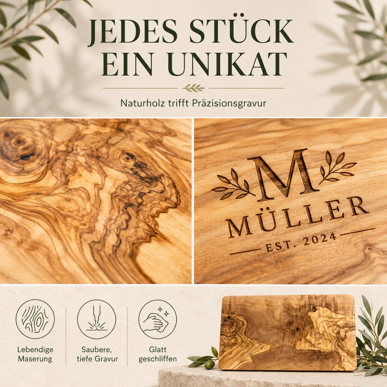 Schneidebrett personalisiert, Olivenholz - Rechteckiges Holzbrett mit Gravur (30 x 15 cm)
