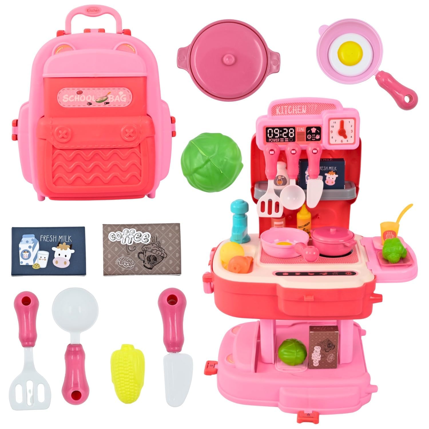 Cojuz Kitchen Sink Play Set with Automatic Water Cycle System Pretend Electric Dishwasher with Running Water Kitchen Sink Toys with Accessories for Kids (School Bag Pink)