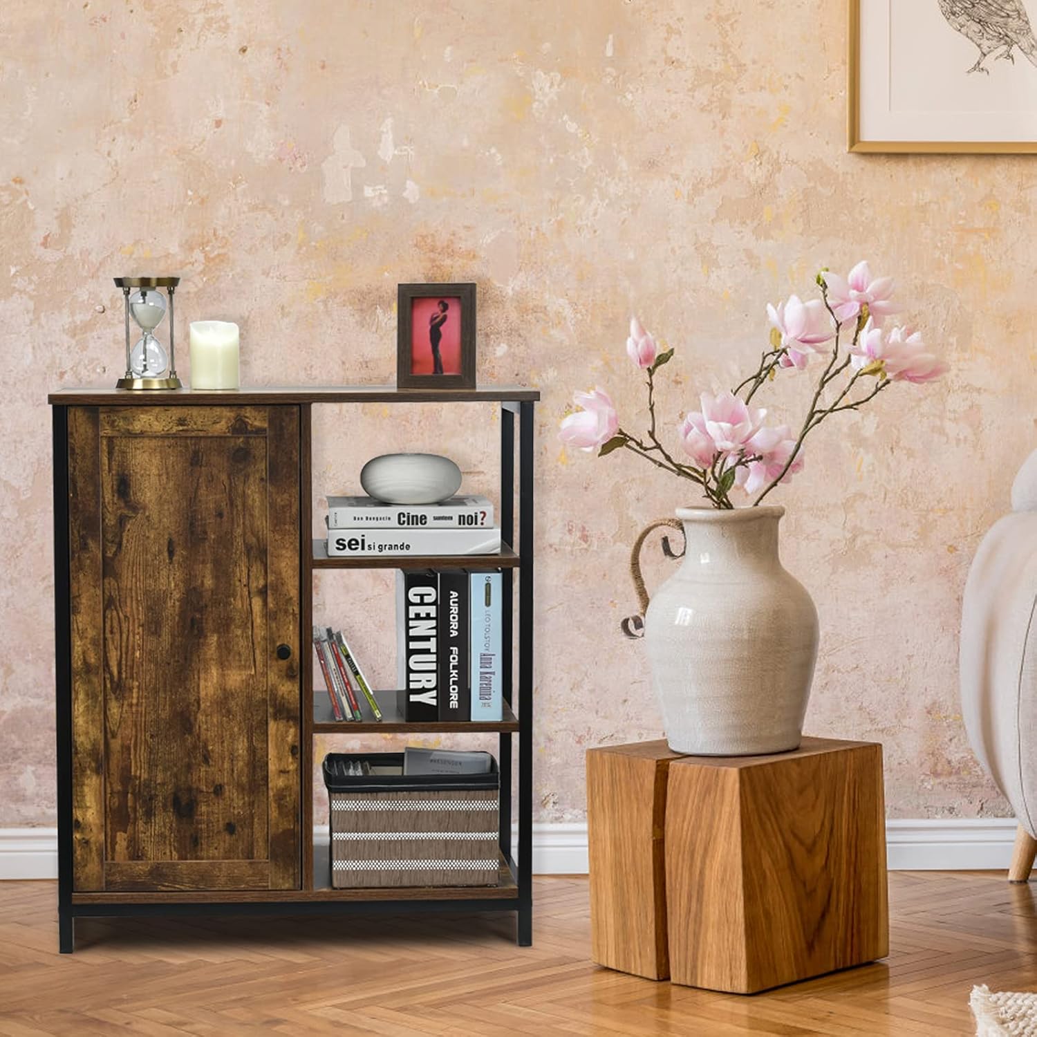 GLACER Industrial Style Floor Cabinet, Multifunctional Floor Storage Cabinet with Adjustable Shelf, Ideal for Living Room, Dining Room, Kitchen or Entryway, 27.5 x 12 x 32 inches (Rustic Brown)