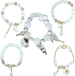 5PCS Beaded Charm Bracelets for Girls Kitten Dainty Kawaii Crystal Beads Bracelets Set for Teens Girls Adjustable Stretch Bracelet Birthday Graduation Gift For Daughter Niece Granddaughter