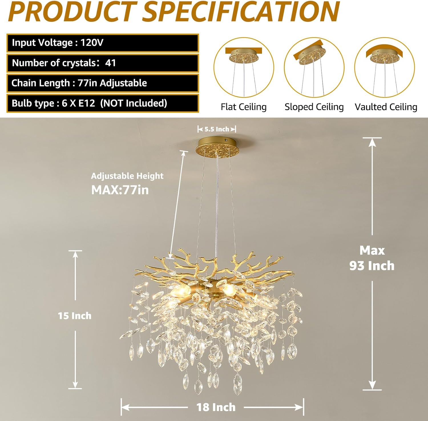 EGM Gold Tree Branch Crystal Chandelier 18-Inch, Crystal Chandelier for Dining Room 6-Light, Hanging Round Raindrop Chandeliers for Living Room E12