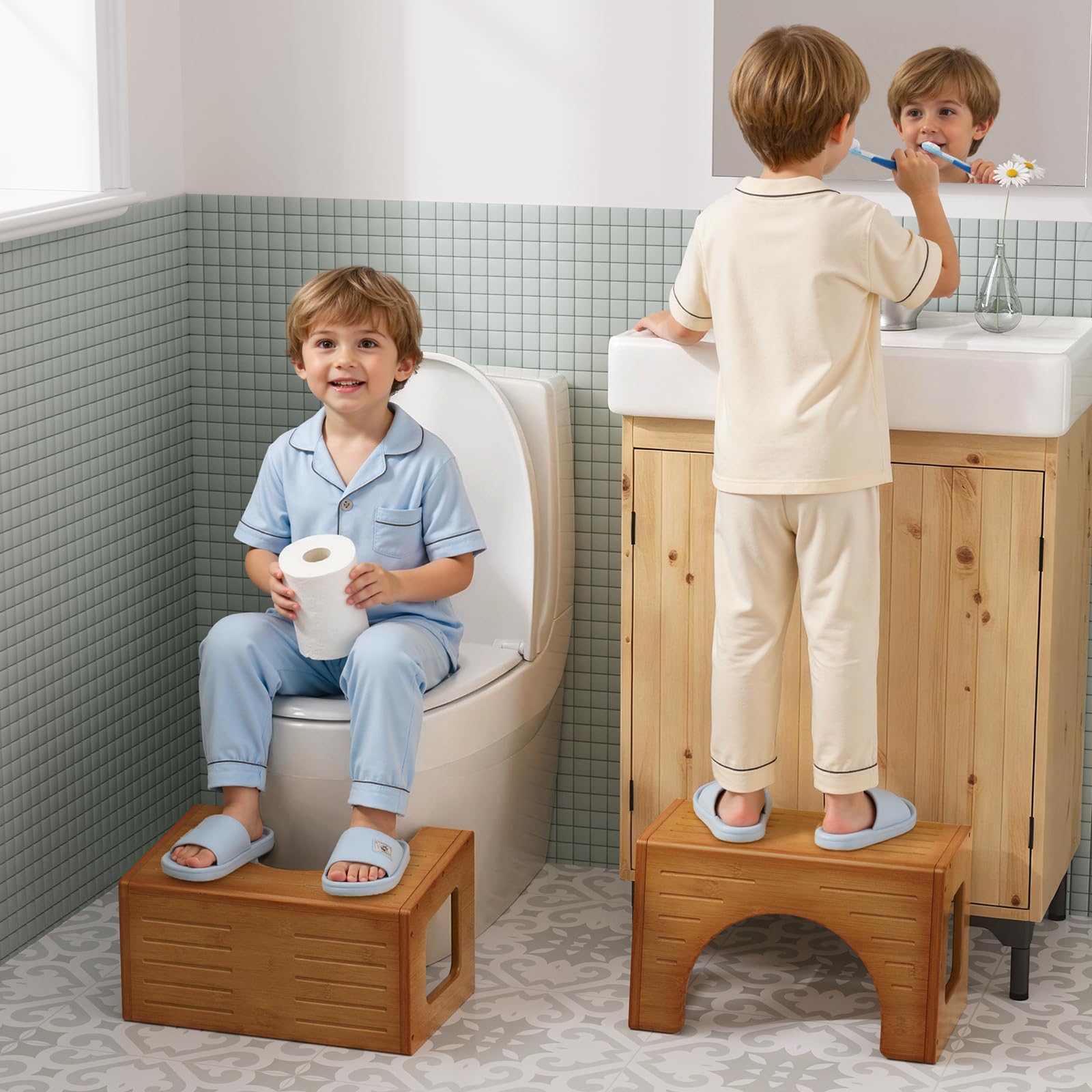 Photo 1 of AmazerBath Toddler Toilet Step Stool, 3-in-1 Bamboo Toilet Squat Stool for Adults, 0.59" Thickness One Step Non-Slip Baby & Kids Potty Poop Stool for Bathroom Sink, Counter, Bedroom, Closet, 9"