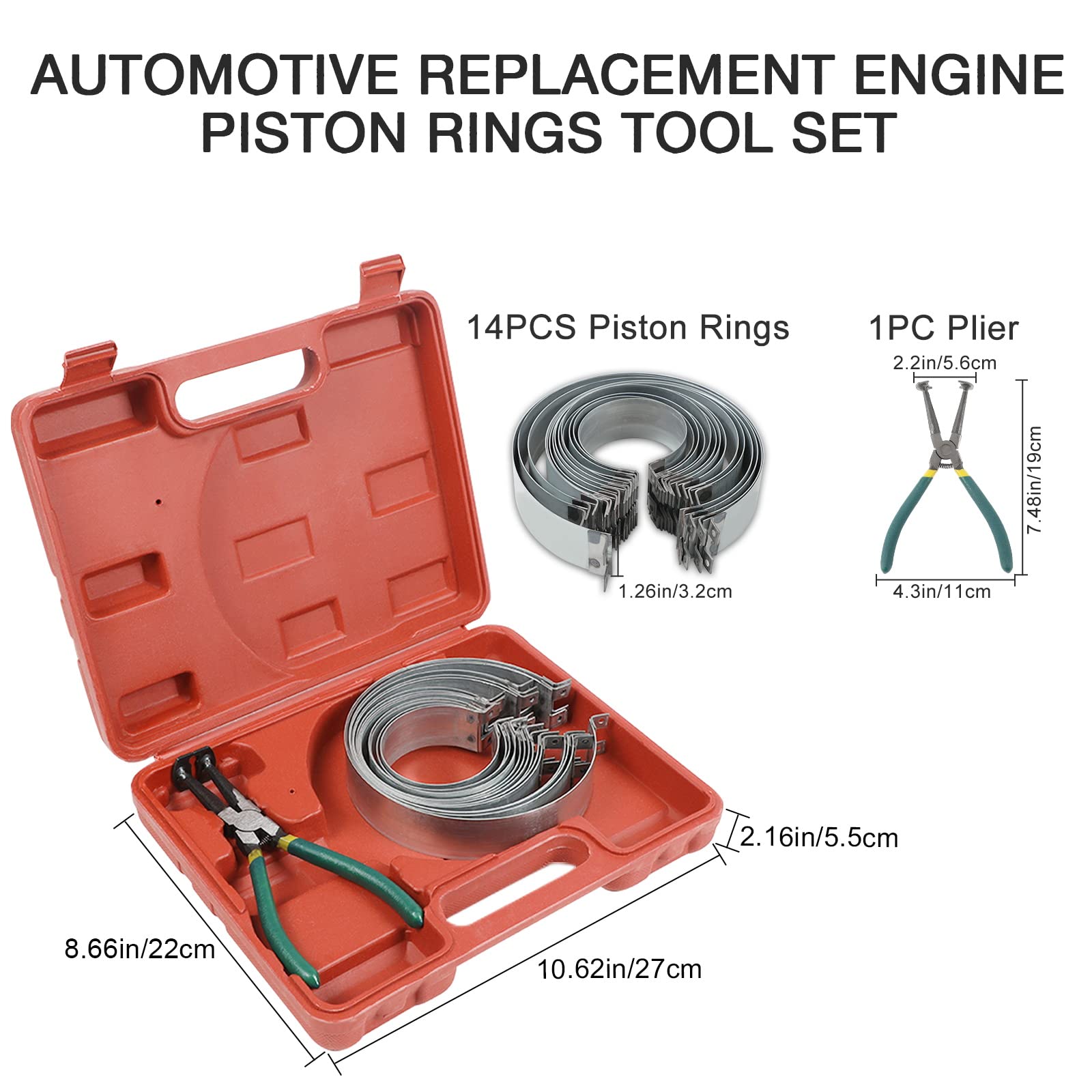BELEY Auto Motore Pistone Anello Compressore Strumento con 1pc Pinza e 14pcs Fasce Elastiche (62-145mm), per la Rimozione Sostituzione Auto Camion Motore Fasce Elastiche