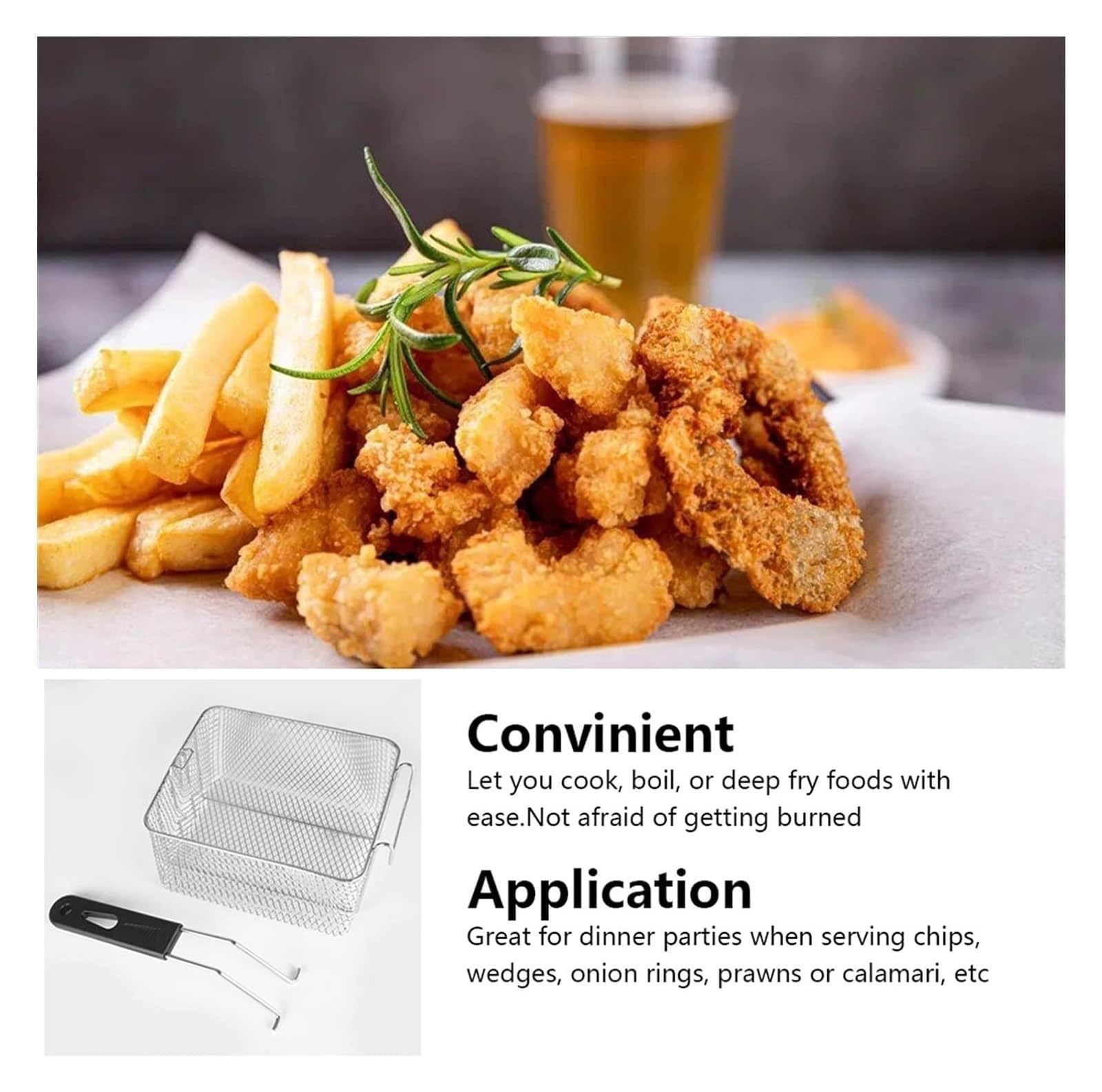 Frittierkorb, Siebkorb aus Edelstahl, langlebiger Frittierkorb for die Küche zu Hause mit Griff, geeignet for gebratenes Hühnchen, Pommes Frites, frittierte Speisen