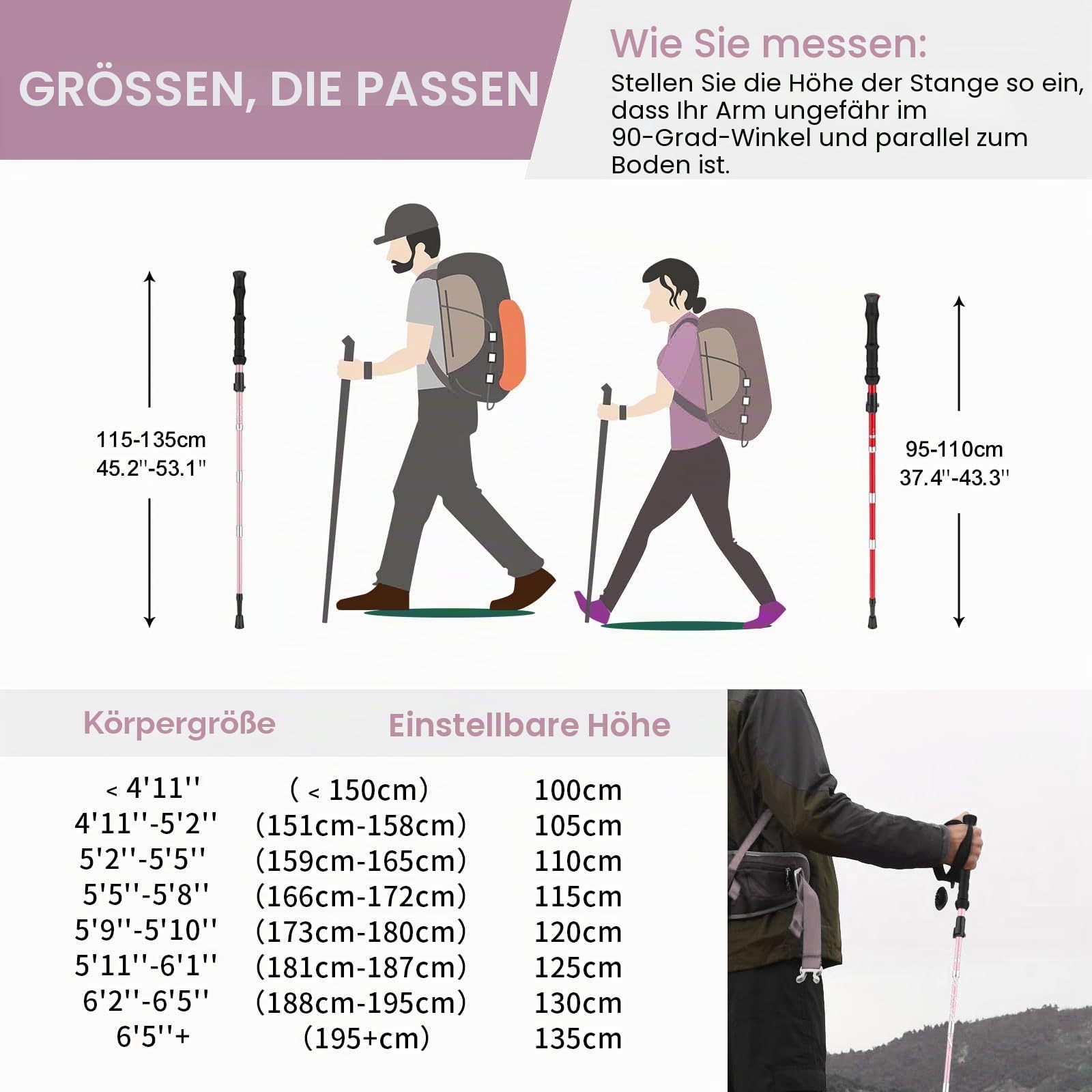 BISINNA Wanderstöcke Trekkingstöcke Nordic Walking Stöcke - 95-115 cm / 115-135 cm Faltbar Verstellbar Leichtgewichtige Aluminium-Wanderstock, mit Gummipuffer für Damen und Herren (4 Farben)