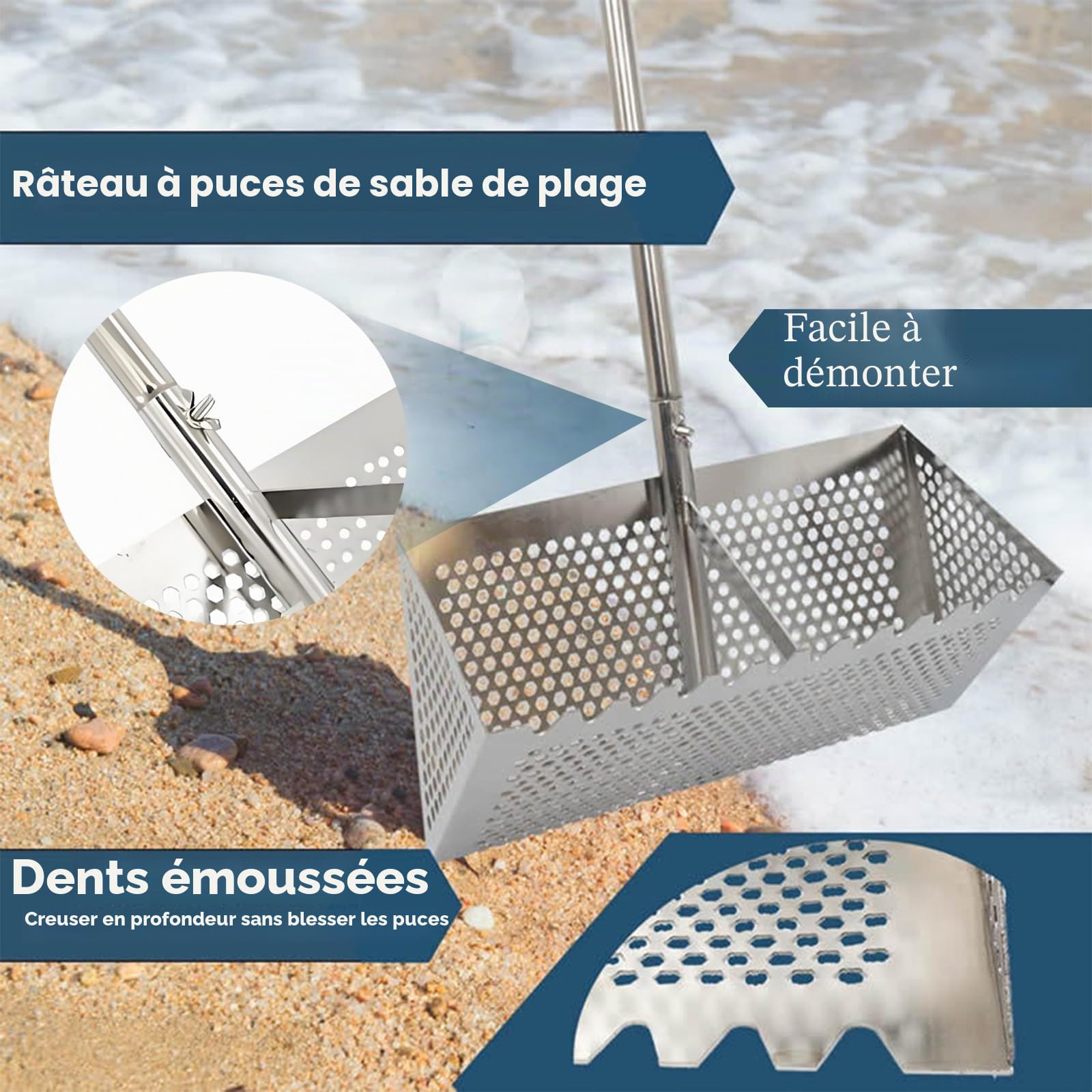 Acier inoxydable Râteau de sable avec dents de requin et poignée longue - Outil de plage commercial pour coquillages/puces de sable, ratissage, lot de 4 pièces
