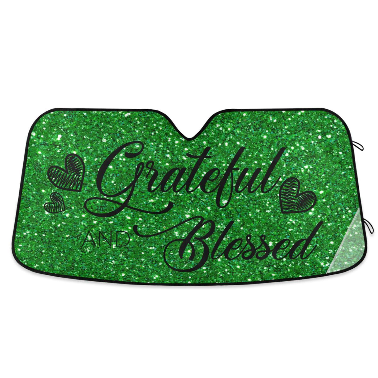 Dussdil Grateful and Blessed Green Christmas Glitter Car Windshield Sunshades Shiny Sun Shade Reflective Protector Visor Cover Shades for Truck SUV