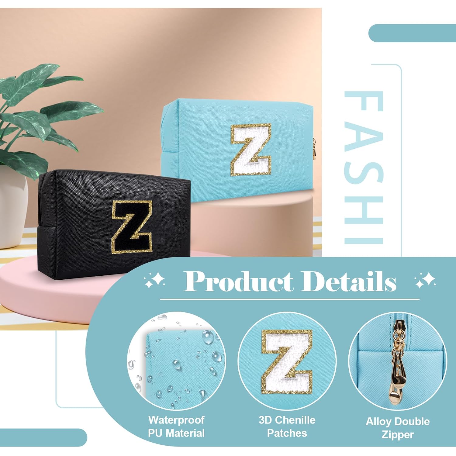 Small Personalized Initial A-Z Preppy Patch Makeup Bag,PU Chenille Letter Travel Cosmetic Pouch with Zipper,Blue Cute Toiletry Bag,Gift Ideal for Teen Girls Women Teacher Bridesmaid,Letter Z image 3