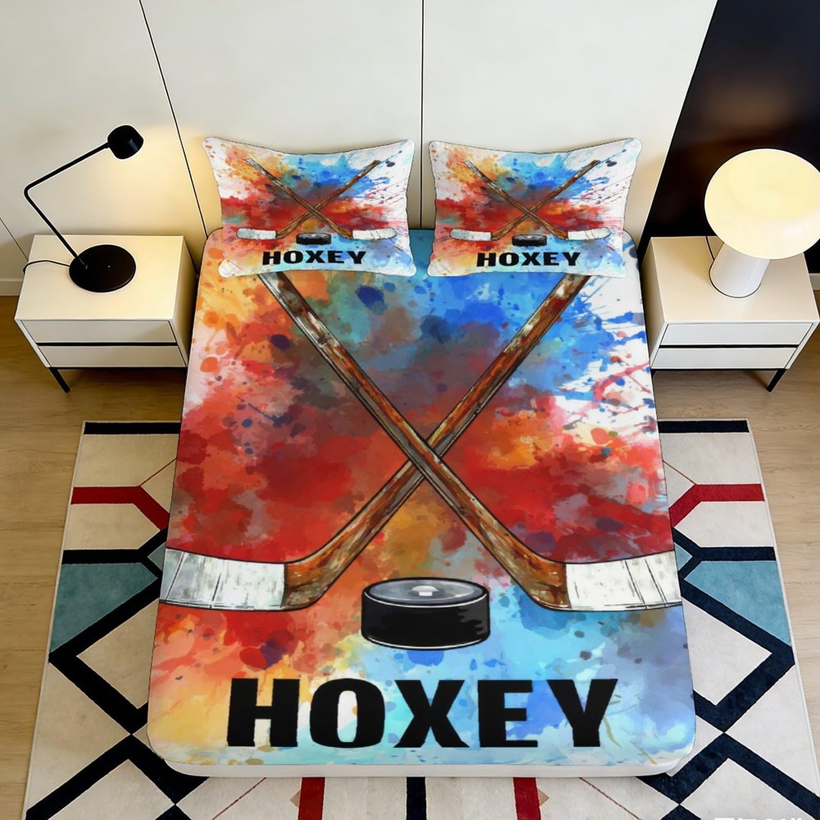 3D Printed Hockey Sticks Fitted Sheet Microfiber Colourful Splash Bed Cover for Bedroom Dorm Mattress Protection Decor 90x200x25cm