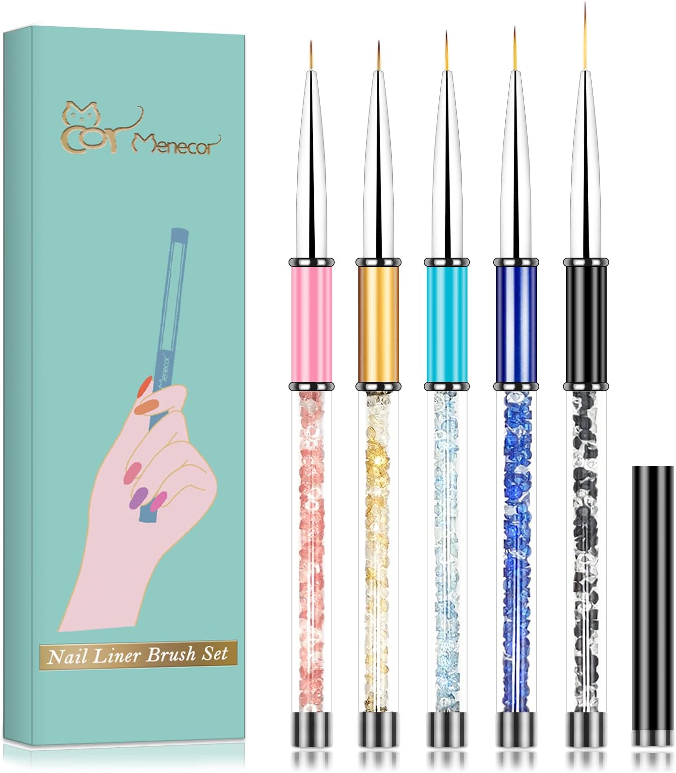 5 Pcs Nail Art Liner Brushes Set,Brush Nail Design Drawing Pen Ultra Fine Tip(5/7/9/10/17mm) with Acrylic Rhinestone Handle,3D Painting Decorative Nail Tools for Home DIY and Salon
