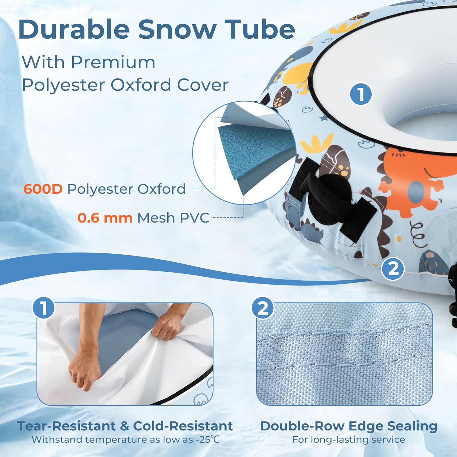 Goplus Snow Tube, 52" Inflatable Snow Sled for Adults w/Premium Polyester Oxford Cover, Cold-Resistant & Heavy-Duty Material, Sturdy Handles, Manual Inflator