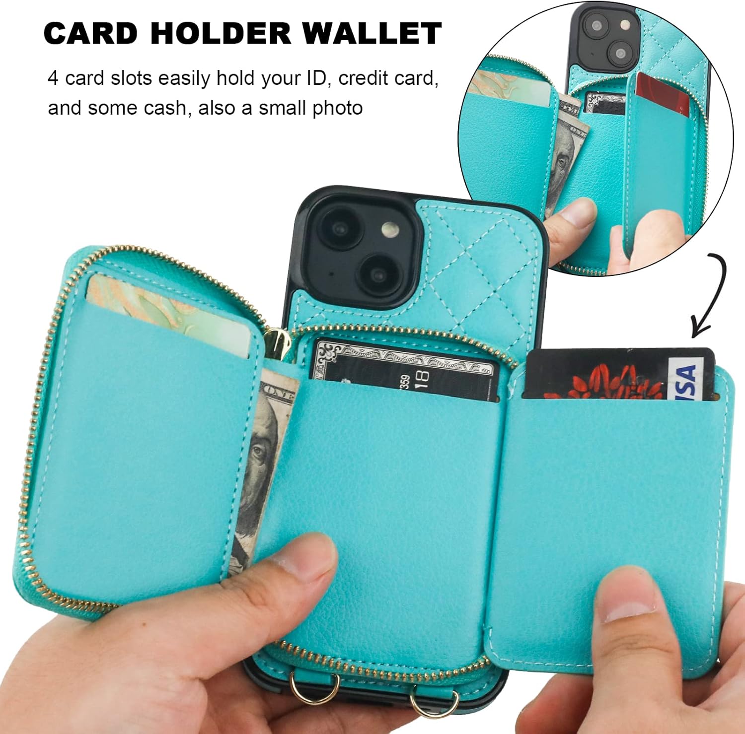 Bocasal Crossbody Wallet Case for iPhone 14, RFID Blocking PU Leather Zipper Handbag Purse Flip Cover, Kickstand Folio Case with Card Slots Holder Wrist Strap Lanyard 5G 6.1 Inch (Mint Green)