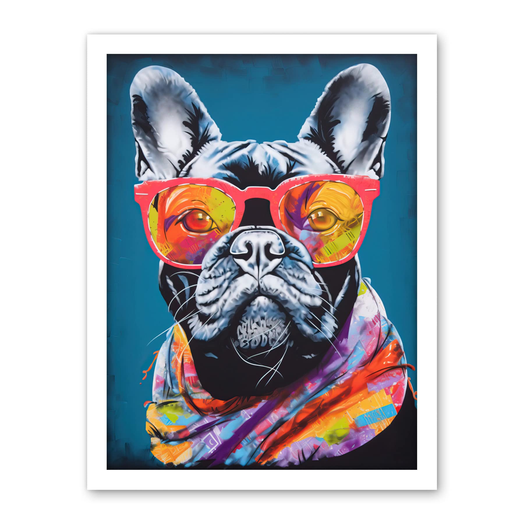 Artery8 English Bulldog with Neon Bandana and Sunglasses Artwork Framed Wall Art Print 18X24 Inch