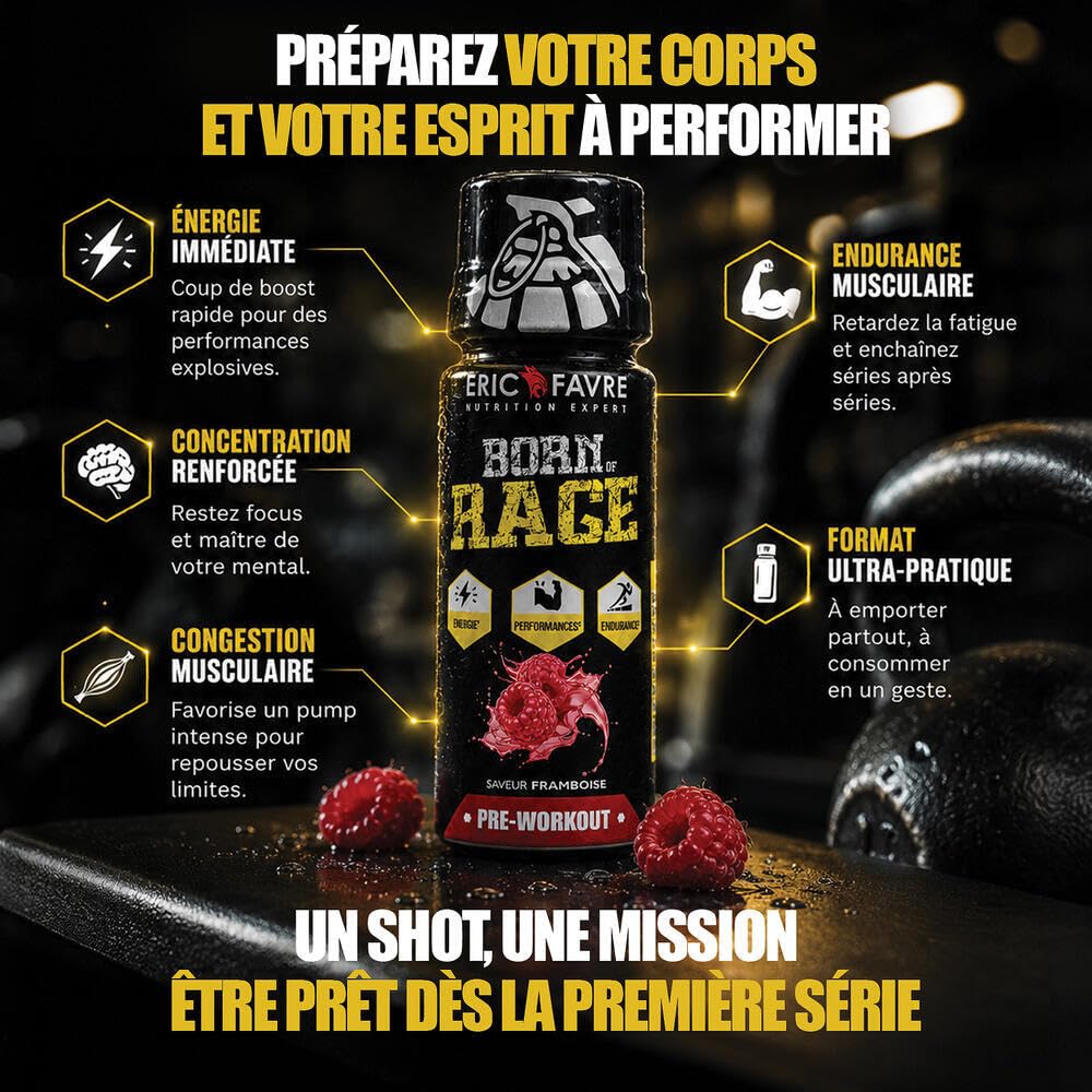 BORN OF RAGE SHOT PREWORKOUT - Énergie Instantanée - Booster Musculaire - Caféine Haute Teneur - Endurance & Performance - Display 12x50ml - Saveur Citron - Eric Favre
