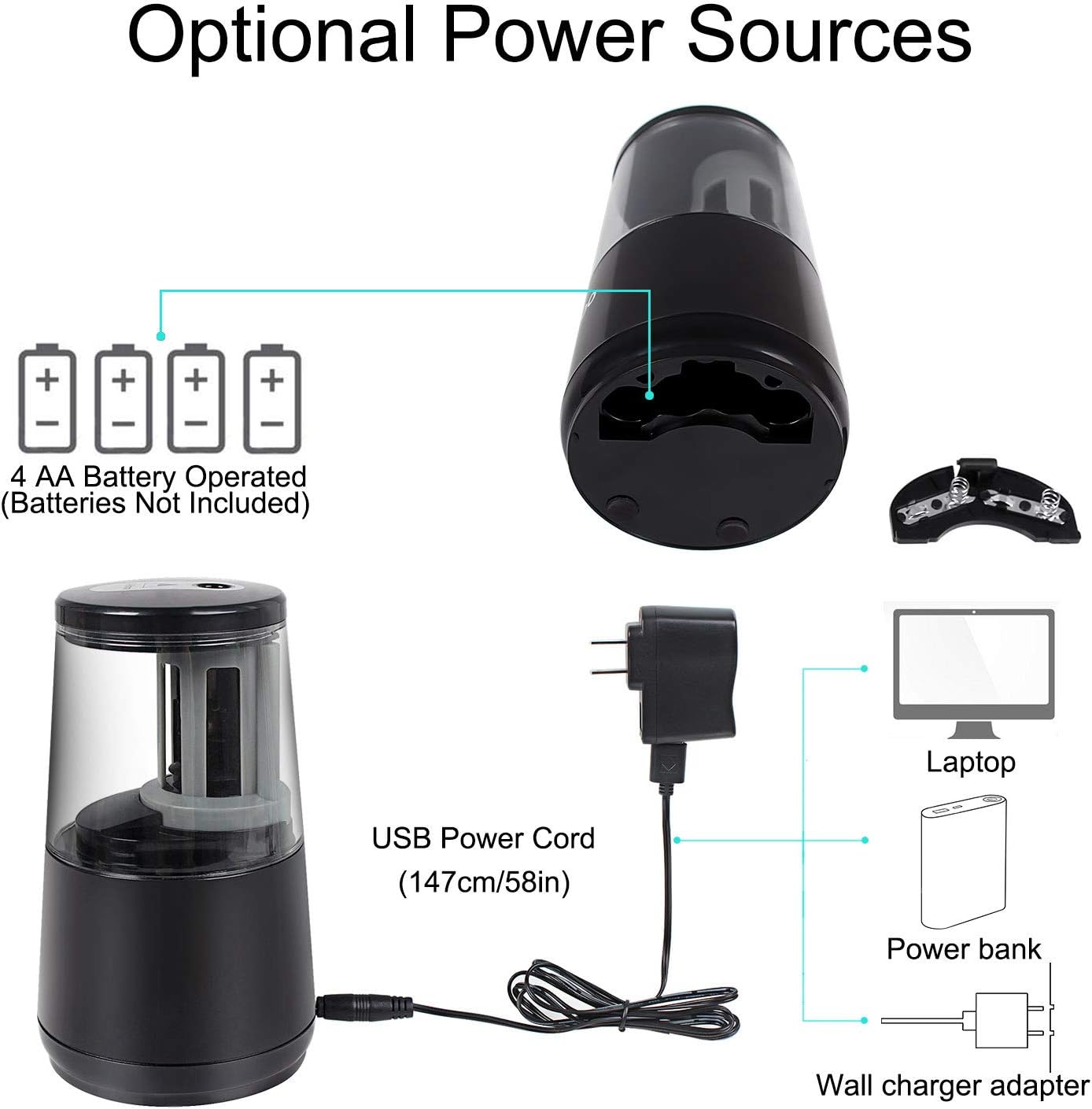 JARLINK Electric Pencil Sharpener, Heavy-duty Helical Blade to Fast Sharpen, Auto Stop for No.2/Colored Pencils(6-8mm), USB/Battery Operated in School Classroom/Office/Home (Black) : Office Products