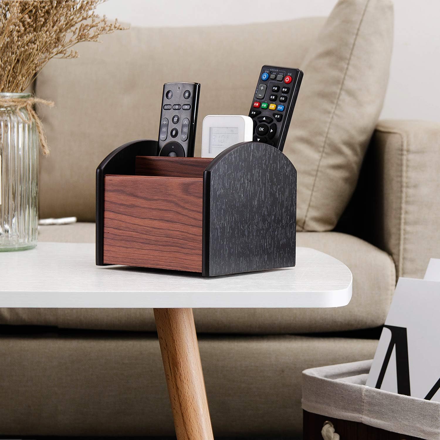 Revolving Wooden Desk Organizer 4 Compartment Remote Control Holder Brown Black Spinning Office Supplies Caddy Tabletop Storage Desktop Rotating Stationery Accessory Sorter Home