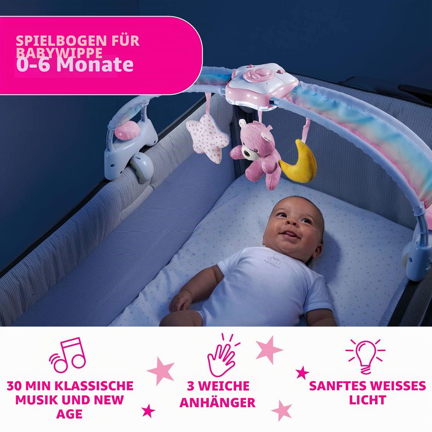 Chicco Regenbogen-Spielbogen für Kinderbett, 2in1 Evolutionskompatibel Next2Me, Babywanne mit Regenbogen und Nachtlicht Kinder mit entspannender Musik und weichen Anhängern - Baby Spiele, ab 0 Monate