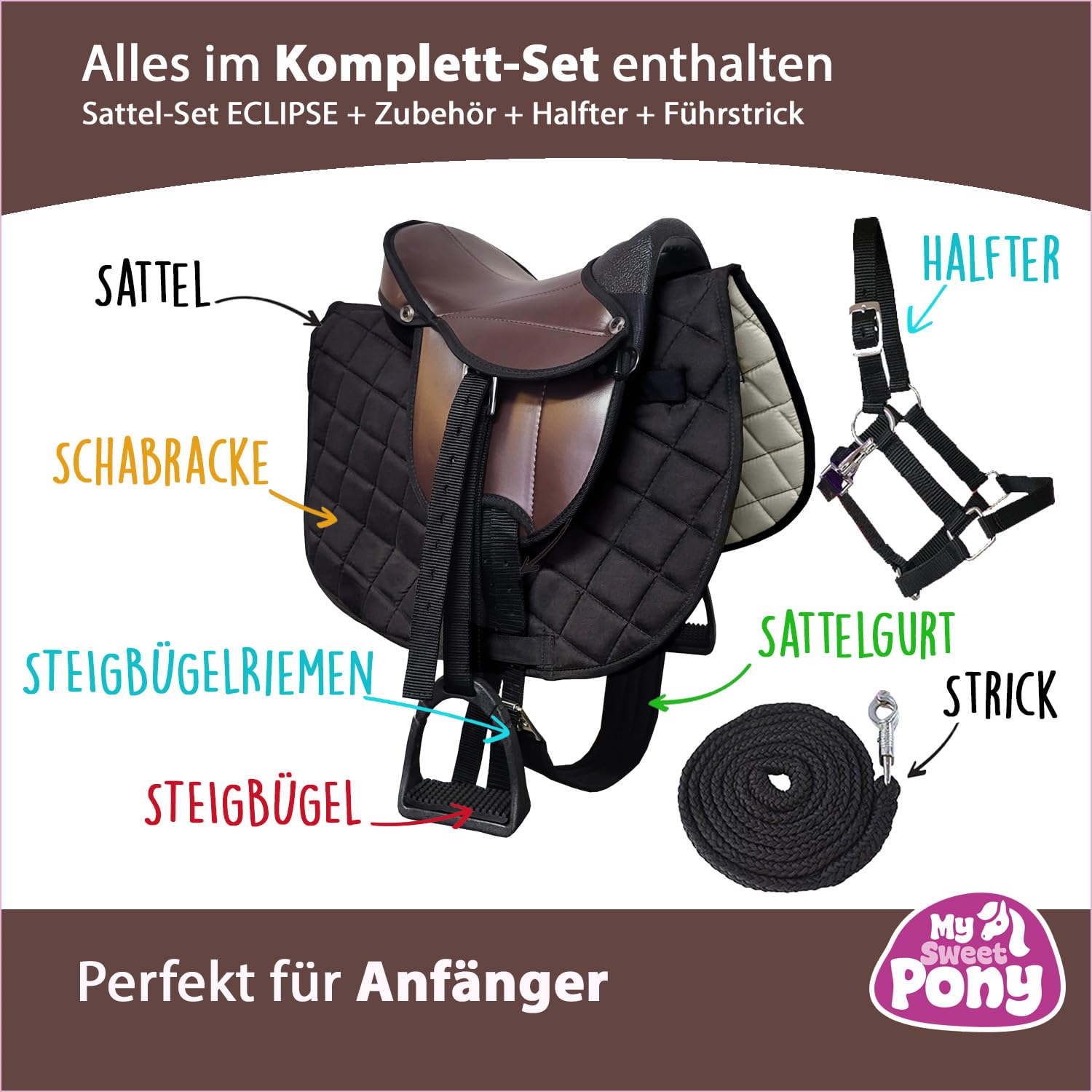 My Sweet Pony Kinder Shettysattel-Set Eclipse mit Halfter und Führstrick für Pony Shetty und Holzpferd