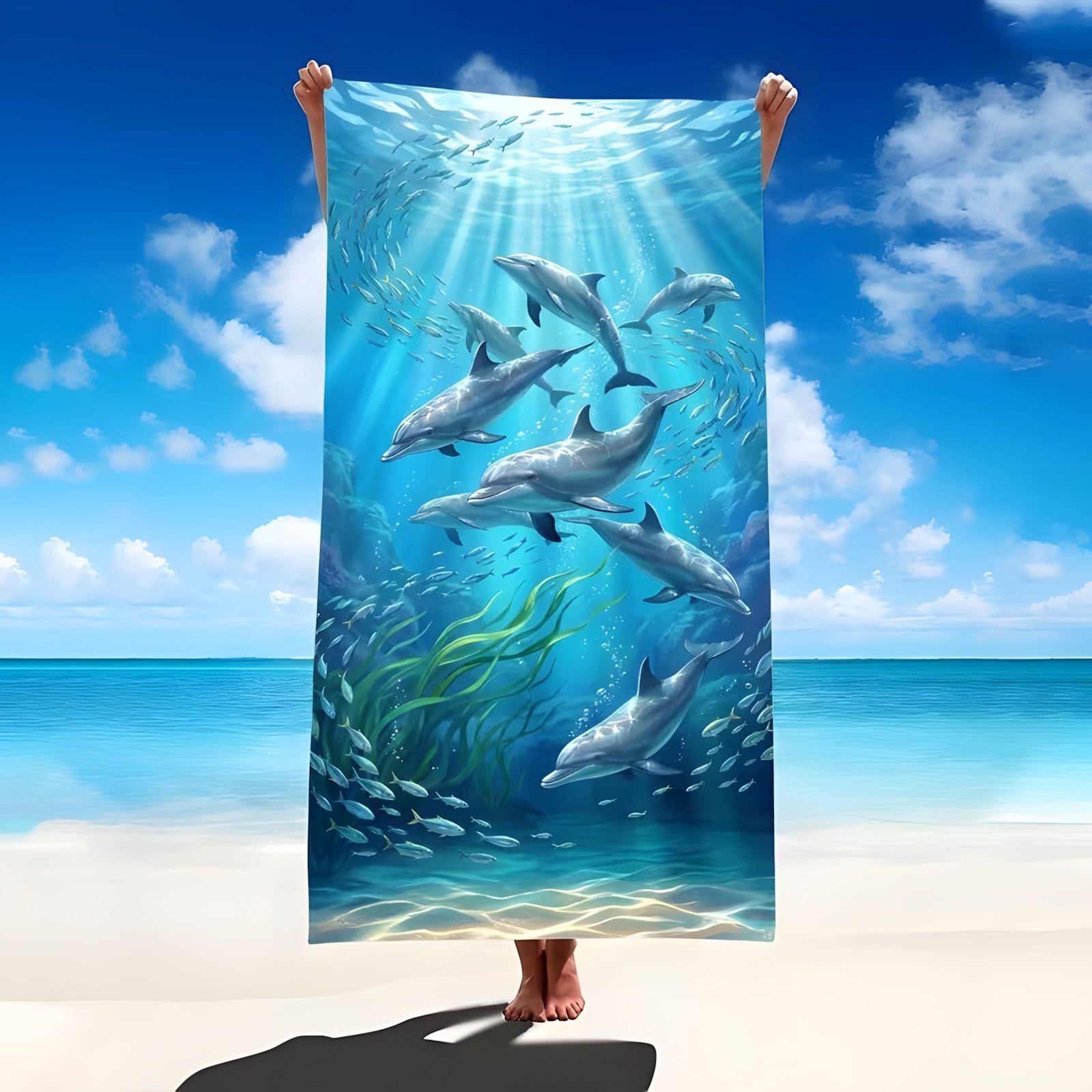 YZQGLHP Dolphin Microfibre Beach Towel Seaweed Beach Bath Towel Quick Drying, Lightweight, Sand-Free, Durable, for Pool, Gym, Camping, Travel Towel 90x200cm
