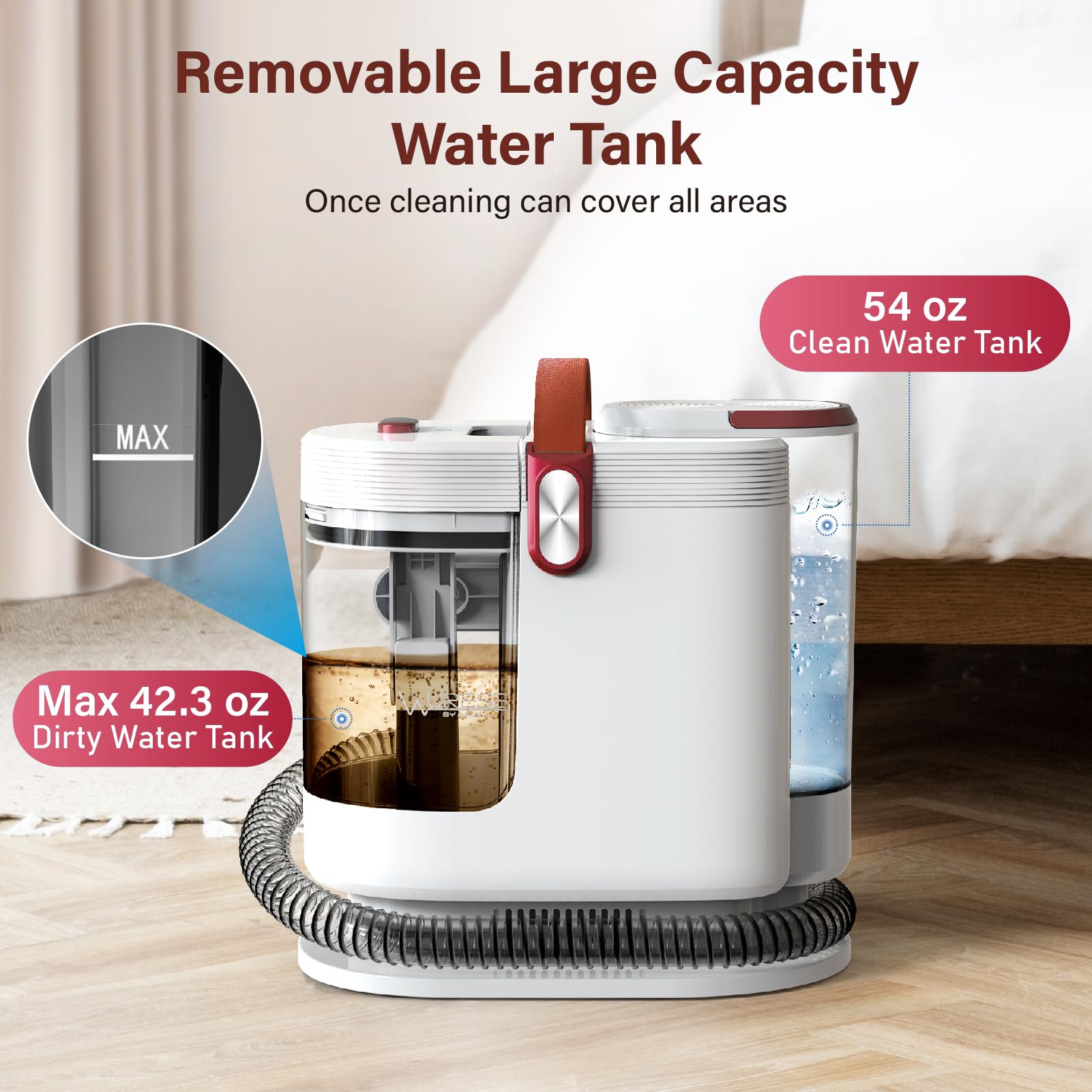 WURESE Portable Carpet Cleaner Machine, Carpet Shampooer, 15Kpa Upholstery Cleaner with 3 Tools, 54oz Large Water Tank, 16.4ft Power Cord, Spot and Stain Deep Cleaner for Rug, Couches, Car, Rose