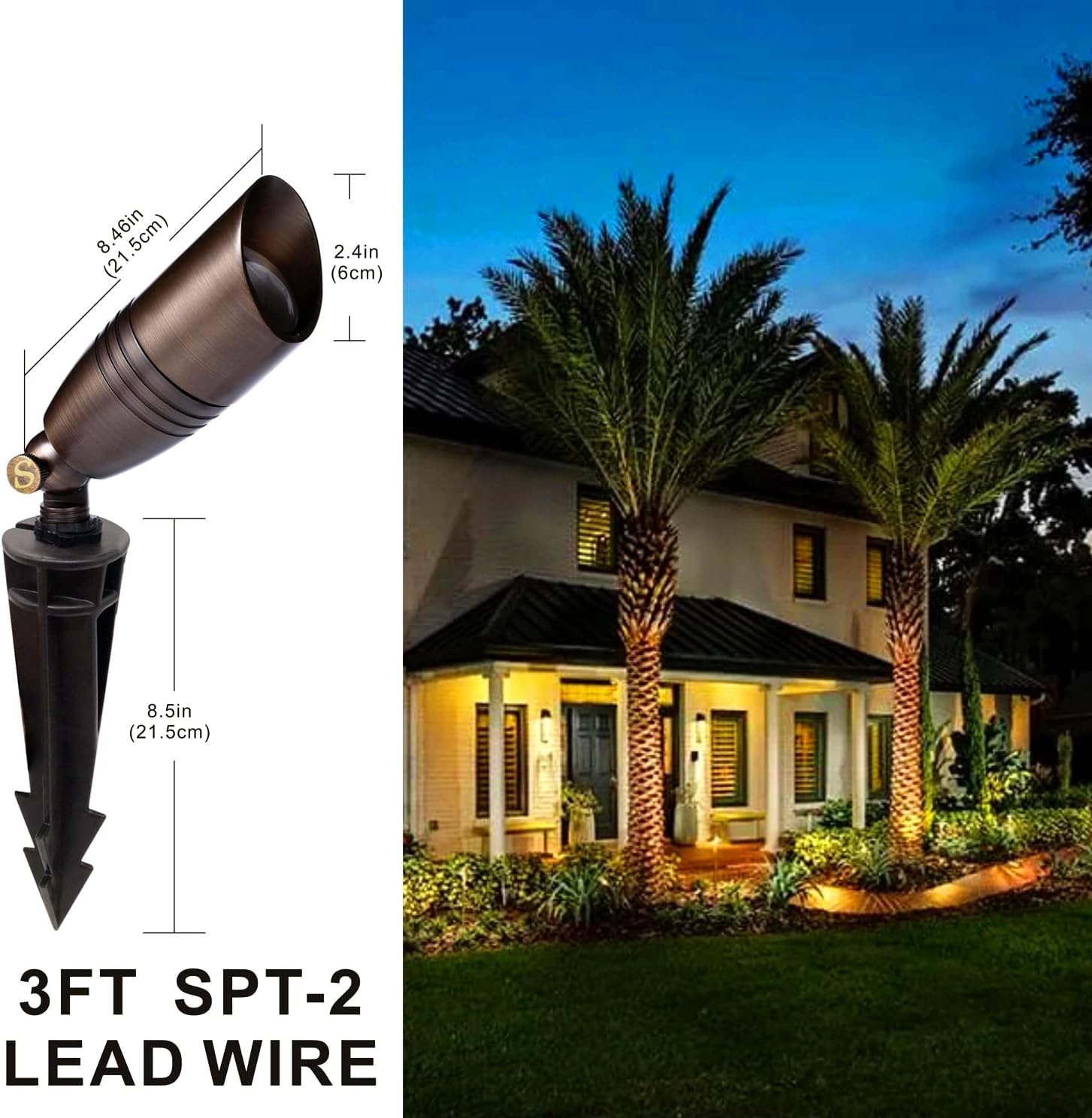 Solid Brass Low Voltage Landscape Spotlight Directional Spot Up Light in Antique Brass Finish with Ground Spike and Waterproof Grease Cap Wire Connectors (6 Set)