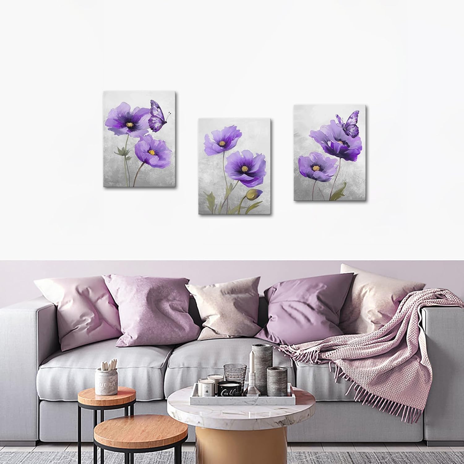 KREATIVE ARTS 3 Pieces Flower Canvas Wall Art Flower Poppy Blossom Picture Wall Decor Floral Painting Framed Poster for Bathroom Easy to Hang Each Panel 12x16 Inch (Purple)