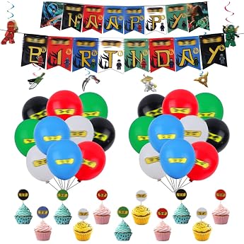 Pack of 47 Ninja Birthday Party Decorations Balloons Birthday Party Decorations Childrens Birthday Decoration with Happy Birthday Banner Balloons Swirl Decoration and Cake Decoration