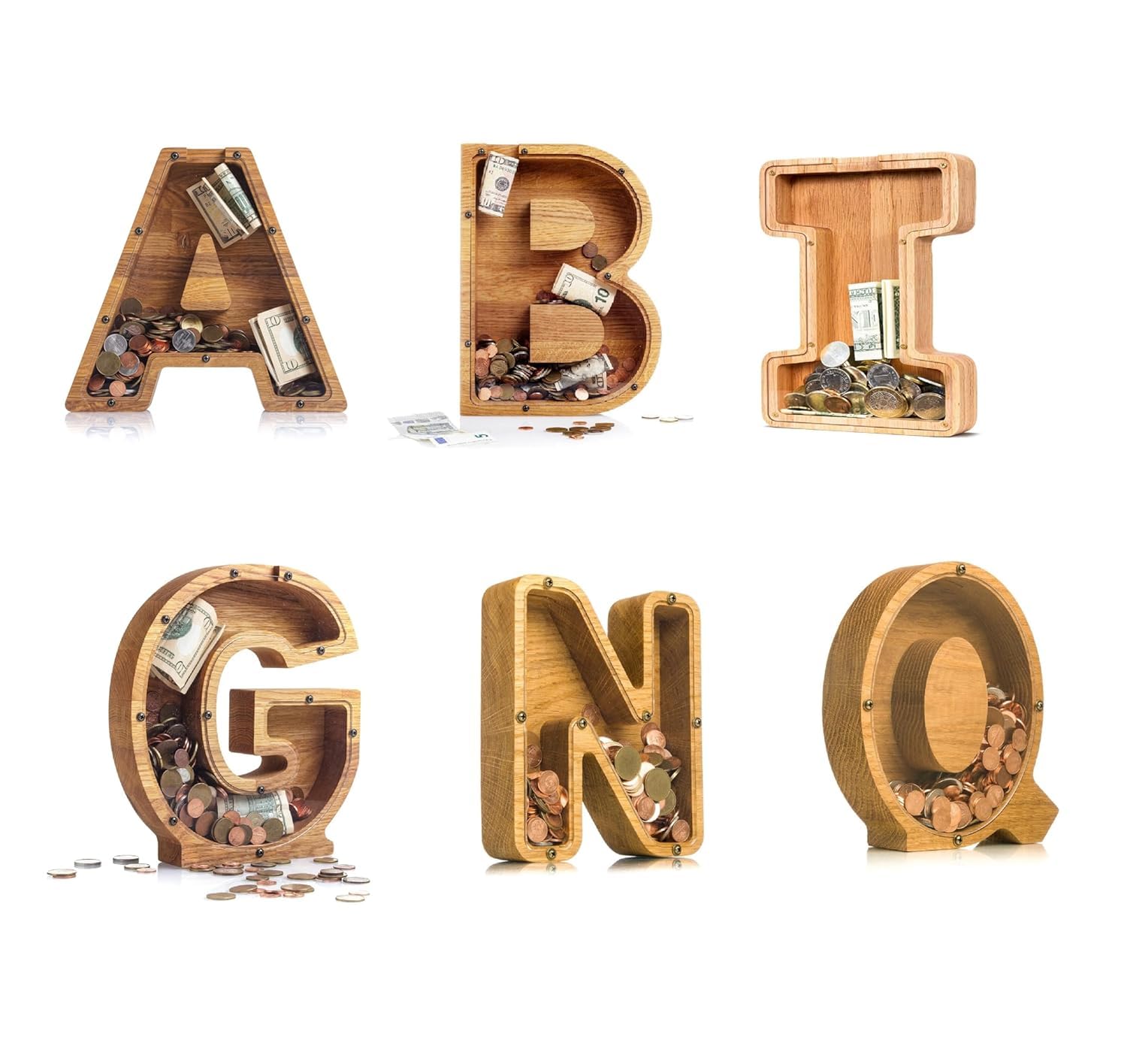 ANAIZA Wooden Alphabet Piggy Bank A to Z – Personalized Letter Coin Bank for Kids, Toddlers – Educational Montessori Toy – Durable Clear Front Money Box (M) 2