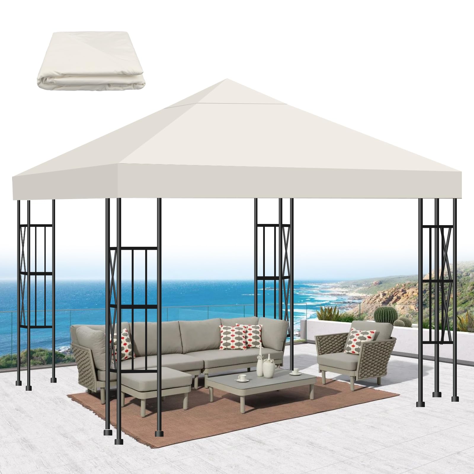Photo 1 of 10x10 Gazebo Canopy Replacement Top, 300D High-Density Waterproof Single Layer Gazebo Cover with Air Vent Heavy Duty, Folded UV Blocking Canopy Roof for Outdoor Patio Garden Tent Top(Beige, Flat Edge)
