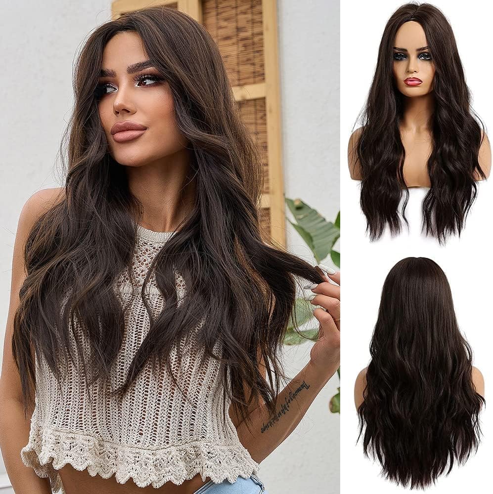 Brown Wigs for Women, Long Brown Wavy Wig Natural Hair Synthetic Wig Machine Made Wig, Synthetic Wavy Wigs No Lace Wig Natural Wavy Heat Resistant Wig for Daily Party Use