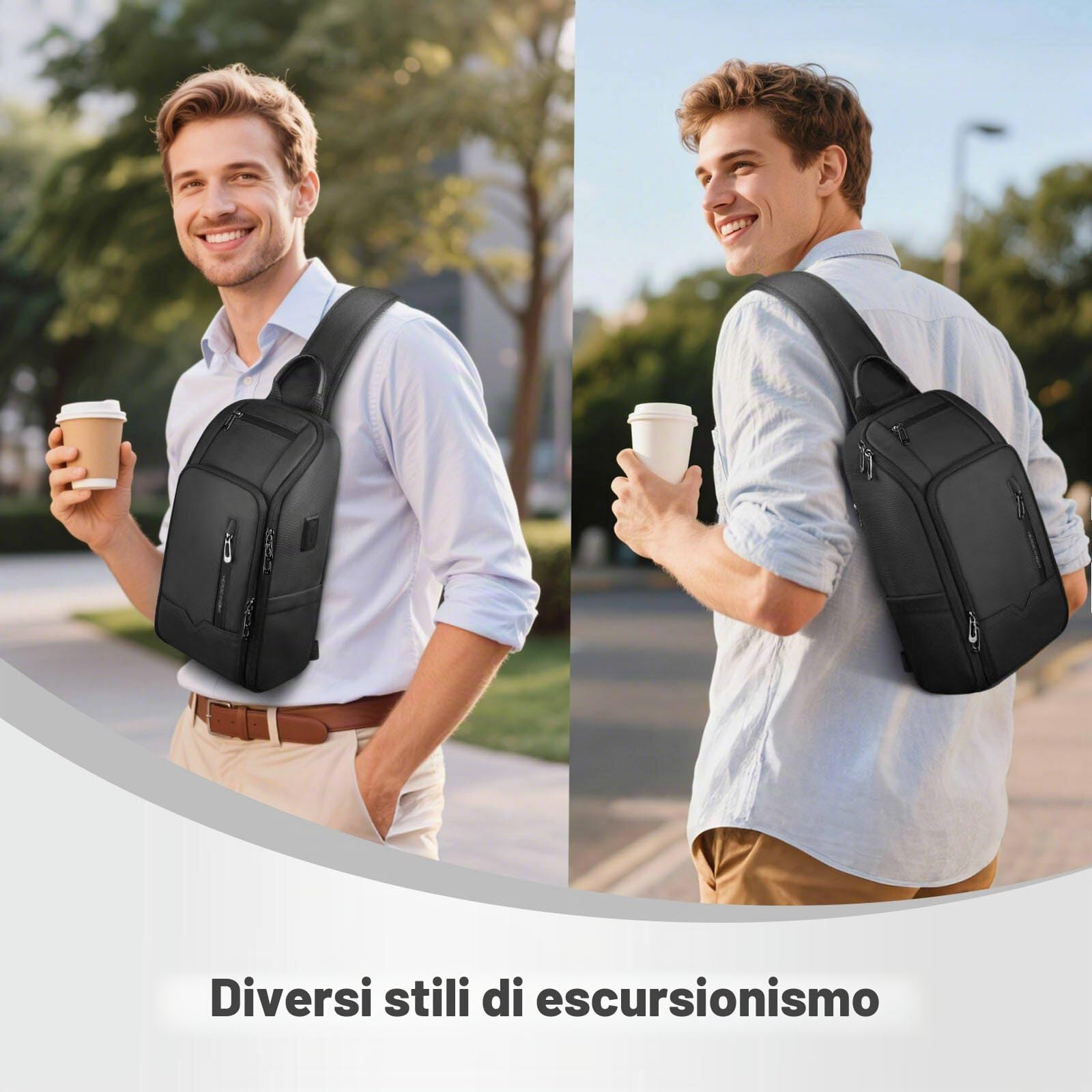 Borsa a Tracolla da Uomo con Porta di Ricarica USB Antifurto e Impermeabile Marsupio Zaino a Tracolla con Tasche Multiple per Viaggi Lavoro e Uso Quotidiano - Nero